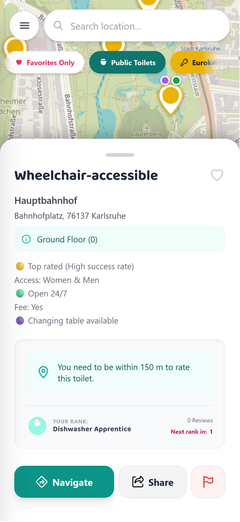 Toilettendetail-Ansicht mit Ausstattung, Bewertung und Navigate/Share/Melden-Buttons